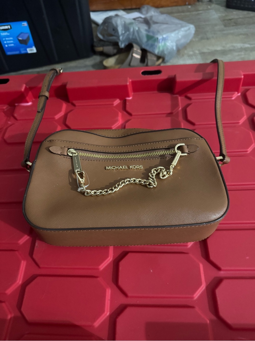 Michael Kors Brown Saffiano Leather Crossbody with Gold Chain Accent - Picture 6 of 8